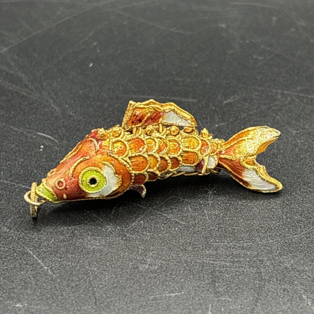 Fish Vintage Cloisonne Chinese Enamel Articulated Fan Tail Koi Pendant Charm 2”